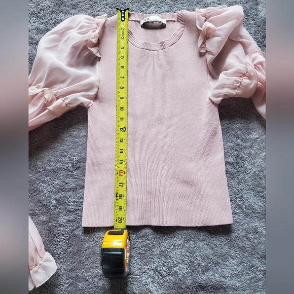 Zara Elegant Pink Puff Sleeve Ribbed Long Sleeve Top - Size L - Picture 8 of 10